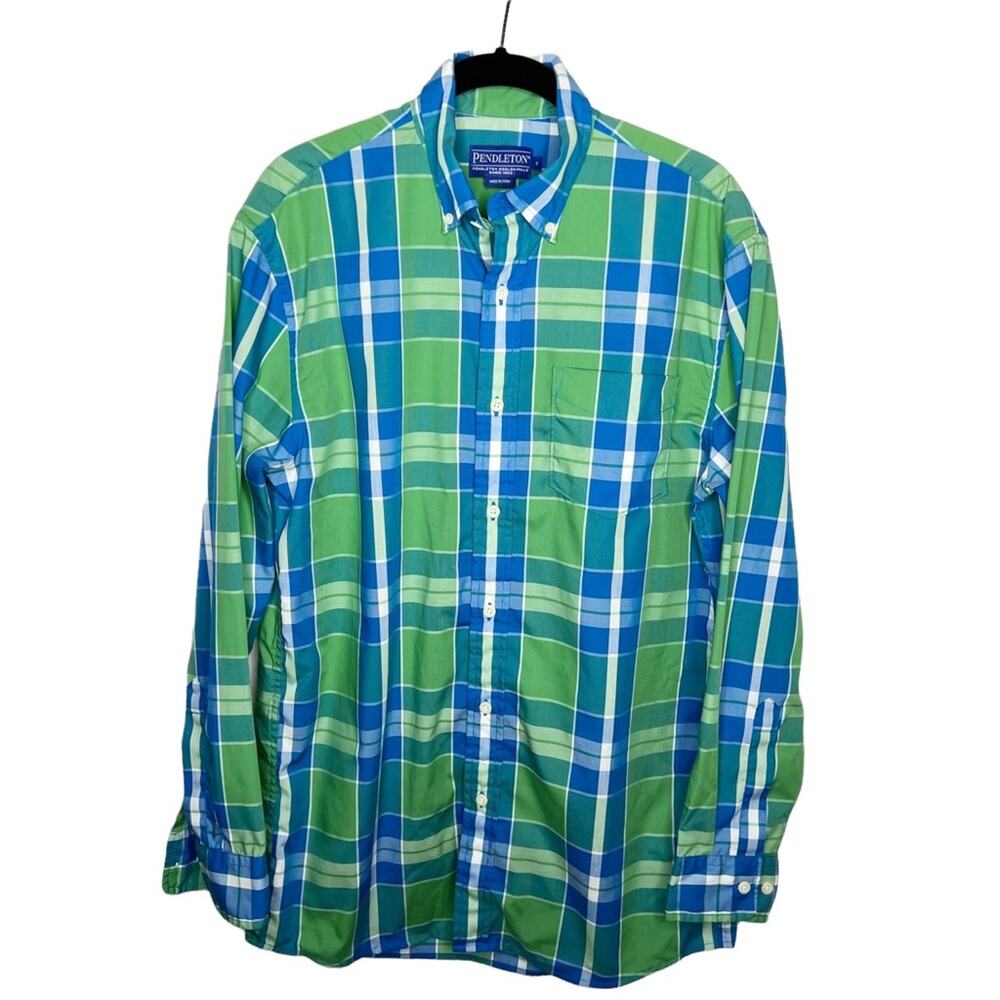 PENDLETON / green blue plaid long sleeve button down casual shirt / S